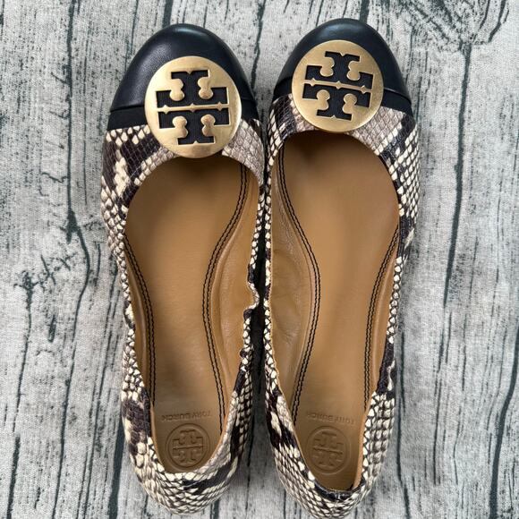 Tory Burch Caroline Ballet Flats Snake Embossed Black Cap Toe Gold Logo Sz 10.5M - Picture 4 of 8